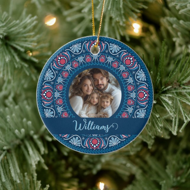 Personalised Family Portrait Blue Festive Mandala Ceramic Tree Decoration (Tree)