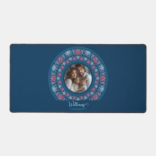 Personalised Family Portrait Blue Festive Mandala Desk Mat (Front)
