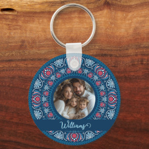 Personalised Family Portrait Blue Festive Mandala Key Ring