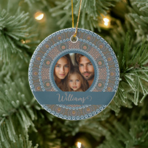 Personalised Family Portrait Teal and Gold Mandala Ceramic Tree Decoration