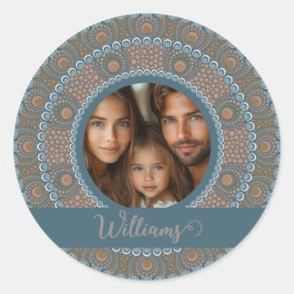 Personalised Family Portrait Teal and Gold Mandala Classic Round Sticker