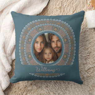 Personalised Family Portrait Teal and Gold Mandala Cushion