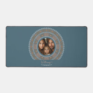 Personalised Family Portrait Teal and Gold Mandala Desk Mat