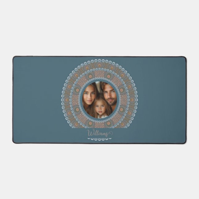 Personalised Family Portrait Teal and Gold Mandala Desk Mat (Front)