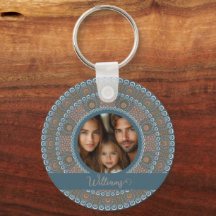 Personalised Family Portrait Teal and Gold Mandala Key Ring