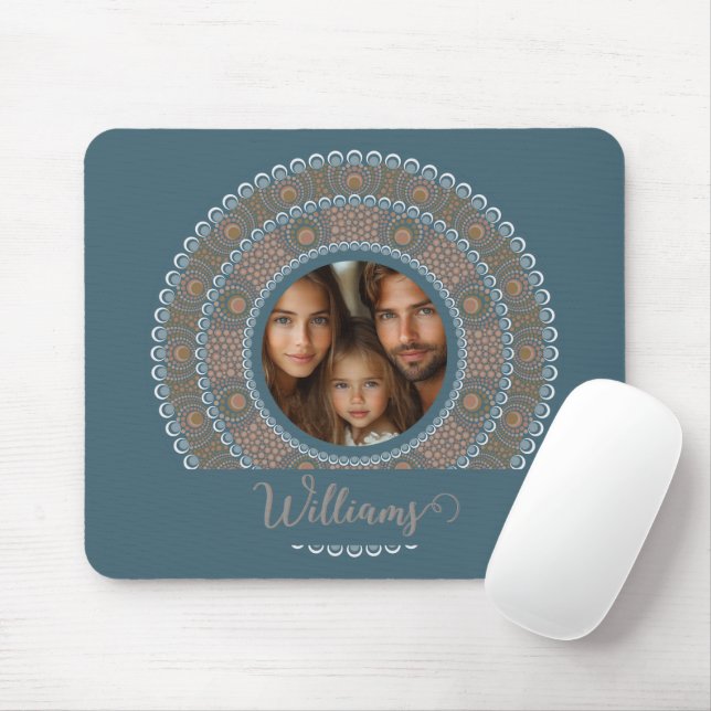 Personalised Family Portrait Teal and Gold Mandala Mouse Mat (With Mouse)