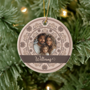 Personalised Family Portrait Warm Neutrals Mandala Ceramic Tree Decoration