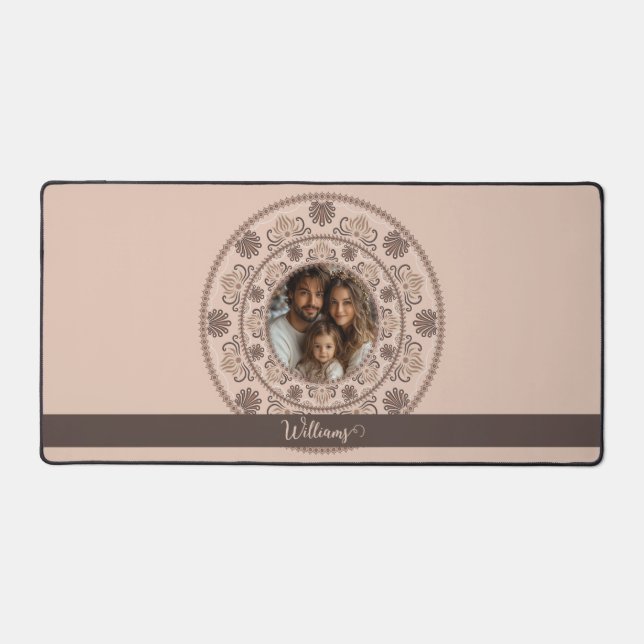 Personalised Family Portrait Warm Neutrals Mandala Desk Mat (Front)