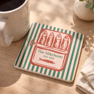 Personalised Family Retro Sardine Tin Stripes Stone Coaster