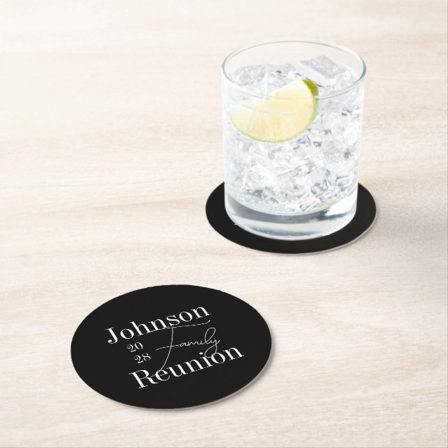 Personalised Family Reunion Black and White Party Round Paper Coaster (Insitu)