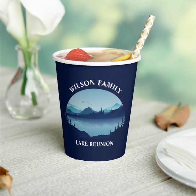 Personalised Family Reunion Blue Lake Vacation Paper Cups (Insitu)