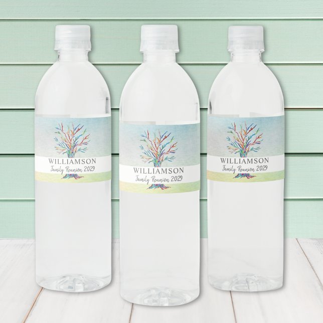 Personalised Family Reunion Family Tree Watercolor Water Bottle Label (Creator Uploaded)