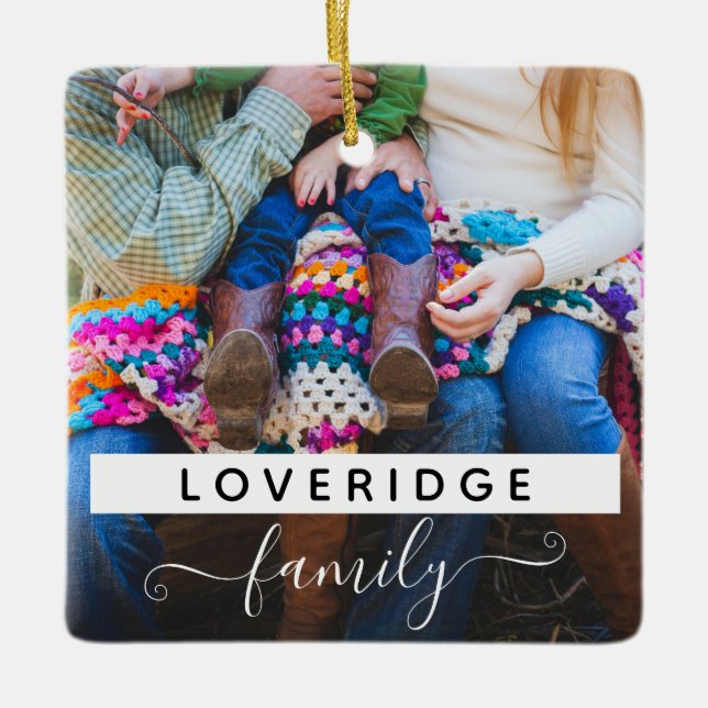 Personalised Family Surname Custom Photo Christmas Ceramic Ornament (Front)