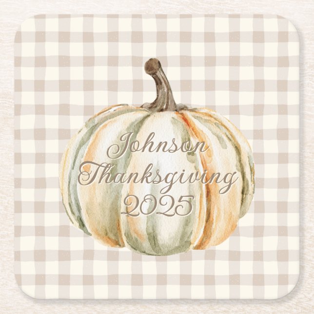 Personalised Family Thanksgiving Neutral Gingham  Square Paper Coaster (Front)