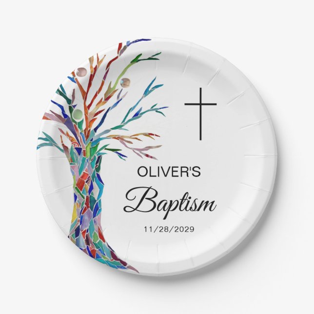 Personalised Family Tree Baptism Christening  Paper Plate (Front)