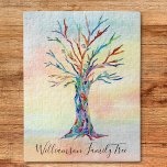 Personalised Family Tree Jigsaw Puzzle<br><div class="desc">This modern jigsaw puzzle is decorated with a colourful Family Tree design on watercolor background.
Easily customisable it with your family name.
Because we create our own artwork you won't find this exact image from other designers.
Original Mosaic and Watercolor © Michele Davies.</div>
