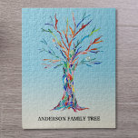 Personalised Family Tree Puzzle<br><div class="desc">Personalised Family Tree Puzzle.
This stylish puzzle is decorated with a rainbow coloured Family Tree design on a blue ombre background.
Customise it with your family name.
The tree was originally made in mosaic using tiny pieces of coloured glass.
Original Mosaic © Michele Davies.</div>