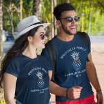 Personalised Family Tropical Vacation Sunset Beach T-Shirt<br><div class="desc">A sunset beach and the horizon scene inside a pineapple shape showing a calm ocean. Perfect for family summer vacations, weddings, showers and celebrations! Matching items in this collection. Add your name or name of guest by clicking the "Personalise" button above. Add the individual members of the family or just...</div>