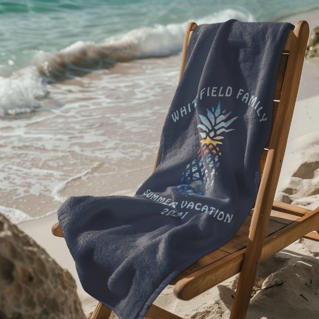 Personalised Family Tropical Vacation Sunset Beach Towel (Family Vacation Navy Blue Pineapple Beach Towel)