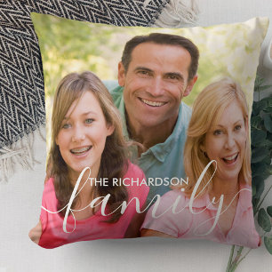 Personalised Family White Script Overlay 2 Photo Cushion