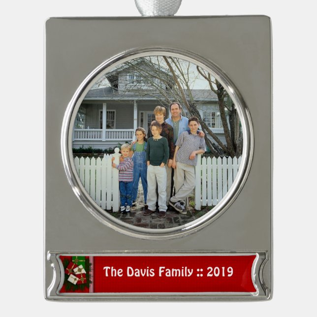 Personalised Family Yearly Photo For Christmas Silver Plated Banner Ornament (Front)