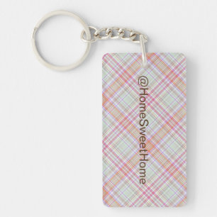 Personalised Fancy Pink 'n Green Geometric Plaid Key Ring