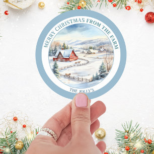 Personalised Farm House Theme Blue Christmas Classic Round Sticker