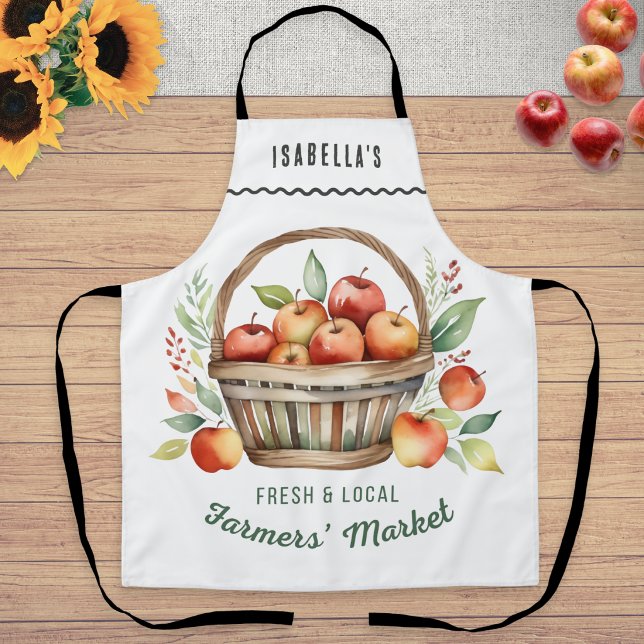 Personalised Farmers Market Rustic Apples Kitchen Apron (A Farmers' Market themed apron with basket of apples illustration and personalized name)