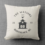 Personalised Farmhouse Barn Family Name Cushion<br><div class="desc">Bring cosy farmhouse charm to your sofa or entry bench with this personalised throw pillow featuring a simple barn illustration, weather vane, and your family name in rustic typography. Customisable text fields let you add your hometown and established year, creating a one-of-a-kind accent for your farmhouse, lake house, or country...</div>