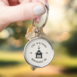 Personalised Farmhouse Barn Family Name Key Ring