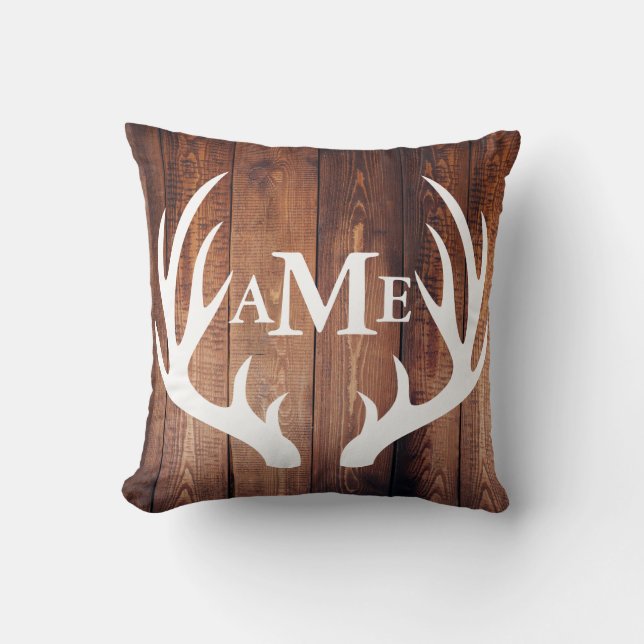 Personalised - Farmhouse Barn Wood Deer Antlers Cushion (Front)