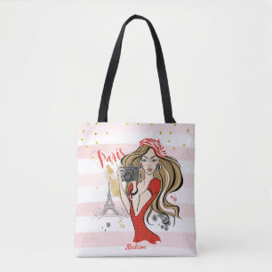 Personalised Fashion Girl Paris Pink Sketch Tote Bag