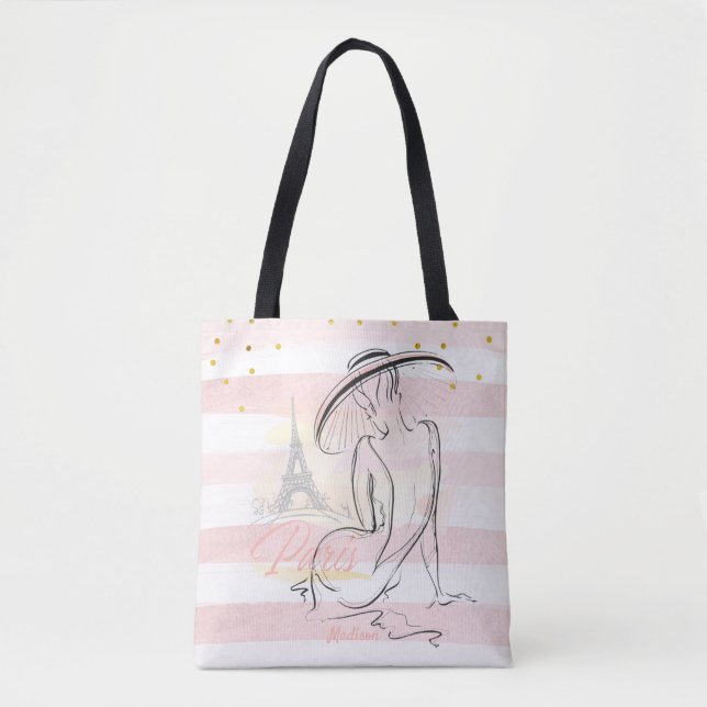 Personalised Fashion Girl Paris Pink Sketch   Tote Bag (Front)