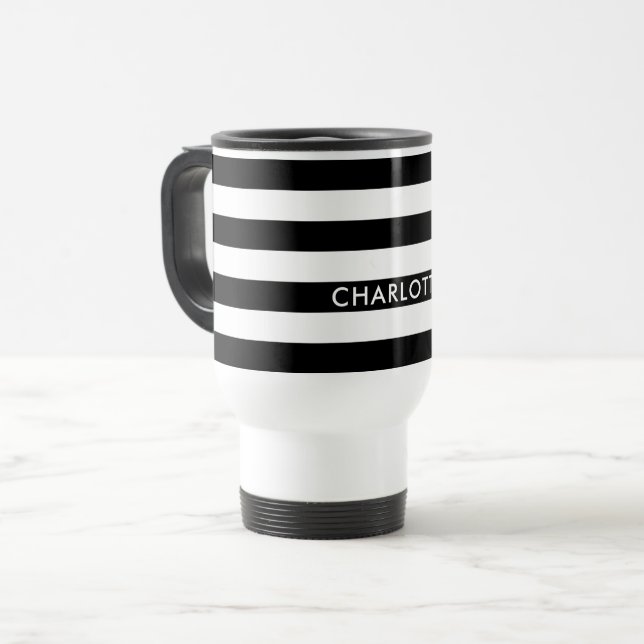 Personalised Fashion Luxury Black and white stripe Travel Mug (Front Left)