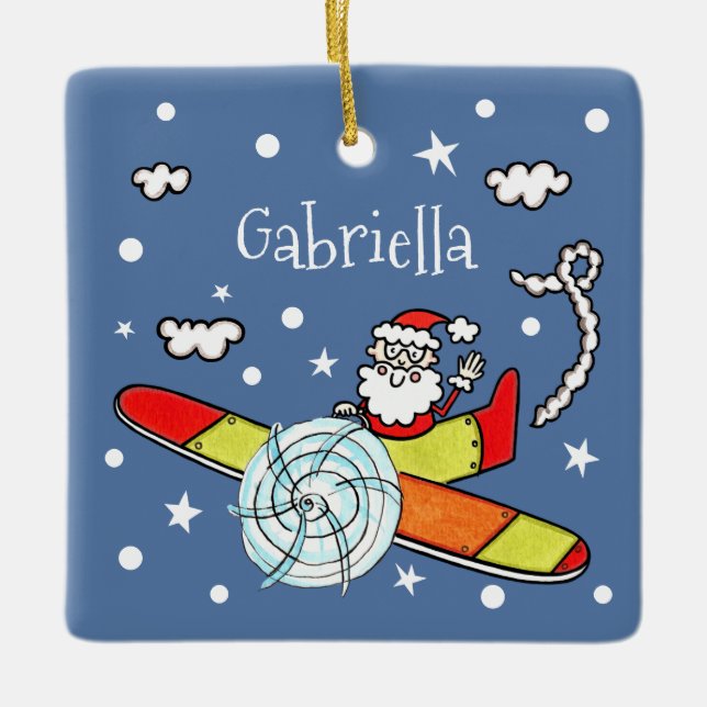 Personalised Father Christmas Santa Claus Aeroplan Ceramic Ornament (Front)