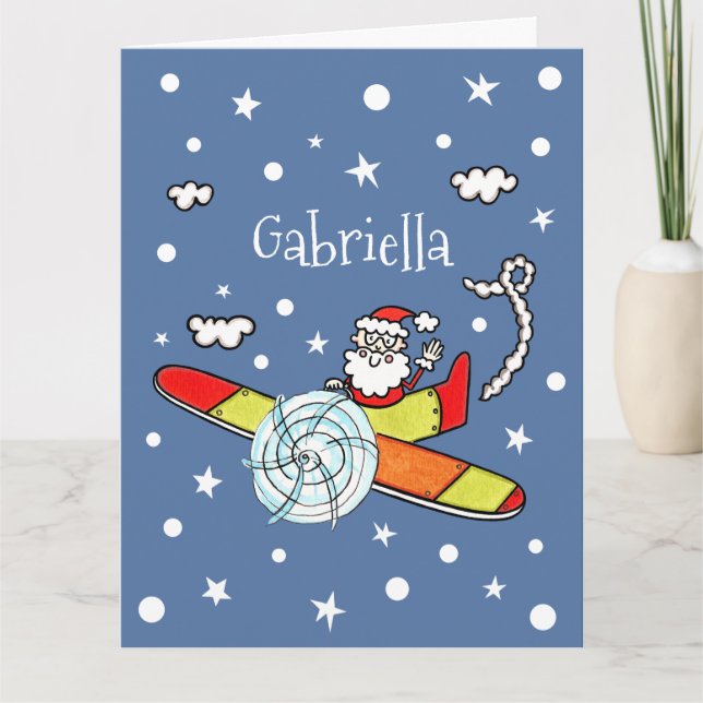 Personalised Father Christmas Santa Claus Airplane Card (Front)