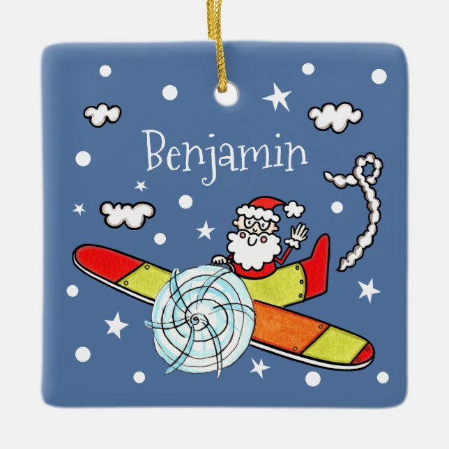 Personalised Father Christmas Santa Claus Airplane Ceramic Ornament (Front)