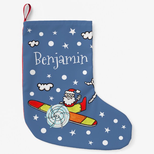 Personalised Father Christmas Santa Claus Airplane Small Christmas Stocking (Front)