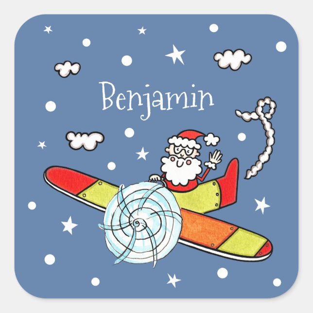 Personalised Father Christmas Santa Claus Airplane Square Sticker (Front)