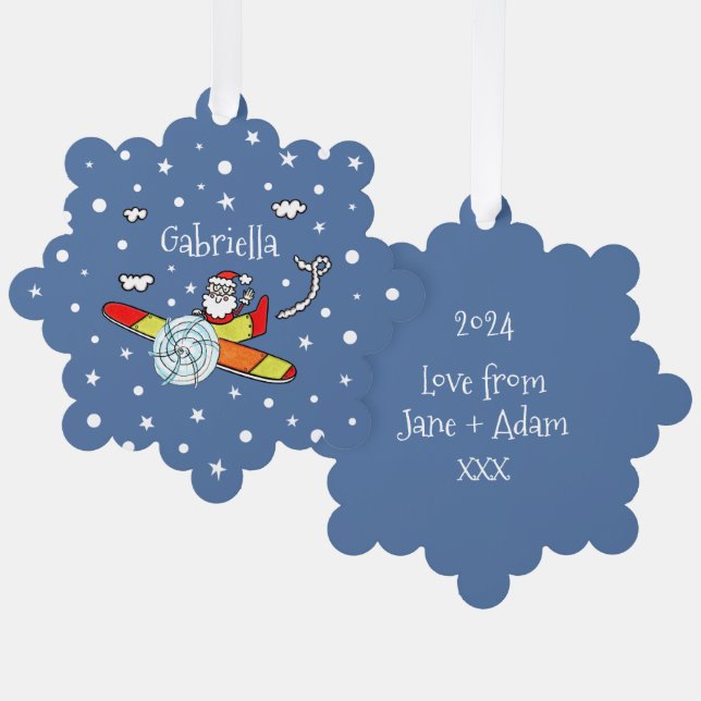 Personalised Father Christmas Santa Claus Airplane Tree Decoration Card (Front/Back)