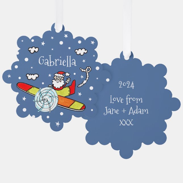 Personalised Father Christmas Santa Claus Airplane Tree Decoration Card (Front/Back)