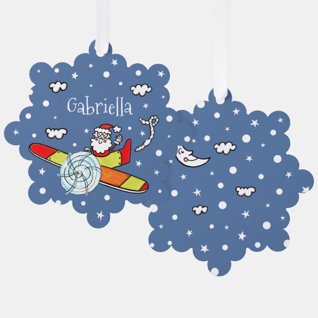 Personalised Father Christmas Santa Claus Airplane Tree Decoration Card (Front/Back)