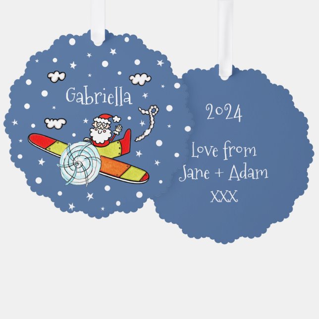 Personalised Father Christmas Santa Claus Airplane Tree Decoration Card (Front/Back)