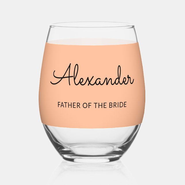 Personalised Father of the Bride Wedding Peach Stemless Wine Glass (Front)
