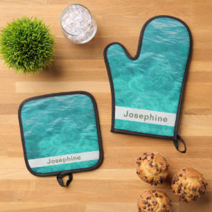 Personalised Faux Blue Water Oven Mitt & Pot Holder Set
