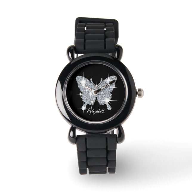 Personalised faux diamond sparkle butterfly design watch (Front)