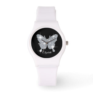 Personalised faux diamond sparkle butterfly design watch