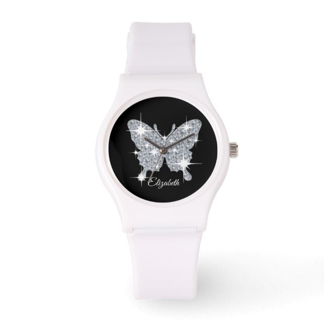 Personalised faux diamond sparkle butterfly design watch (Front)