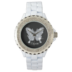 Personalised faux diamond sparkle butterfly design watch