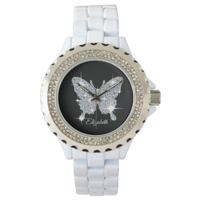 Personalised faux diamond sparkle butterfly design watch (Front)